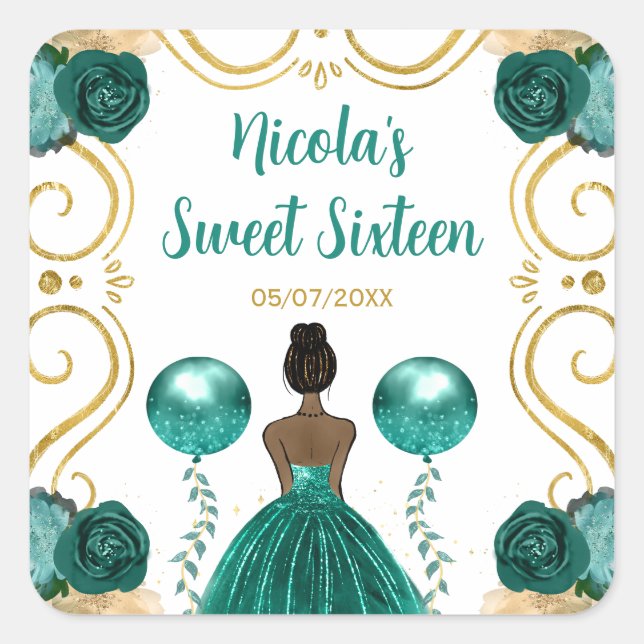 Sweet Sixteen Dark Skin Princess in Teal Quadratischer Aufkleber (Vorderseite)