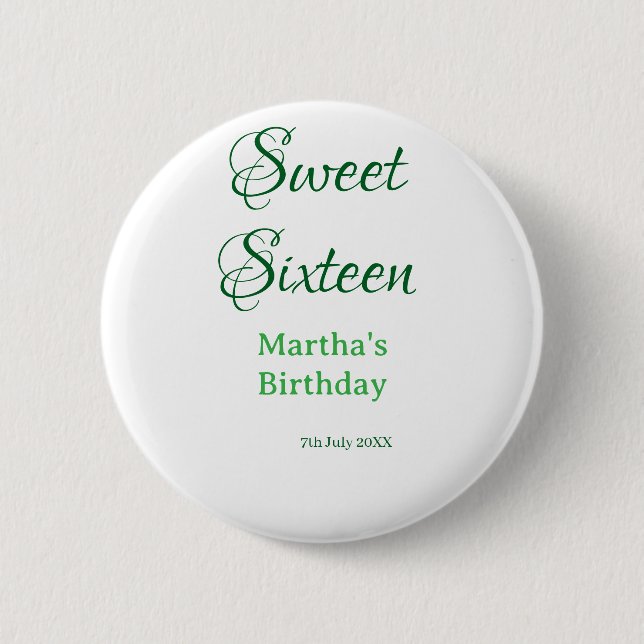 Sweet Sixteen green name date calligraphy boho ret Button (Vorderseite)