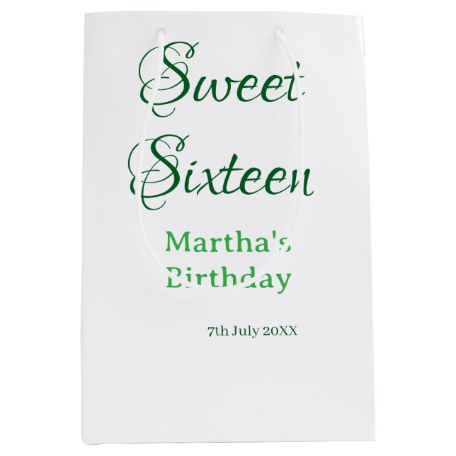 Sweet Sixteen green name date calligraphy boho ret Mittlere Geschenktüte (Vorderseite)