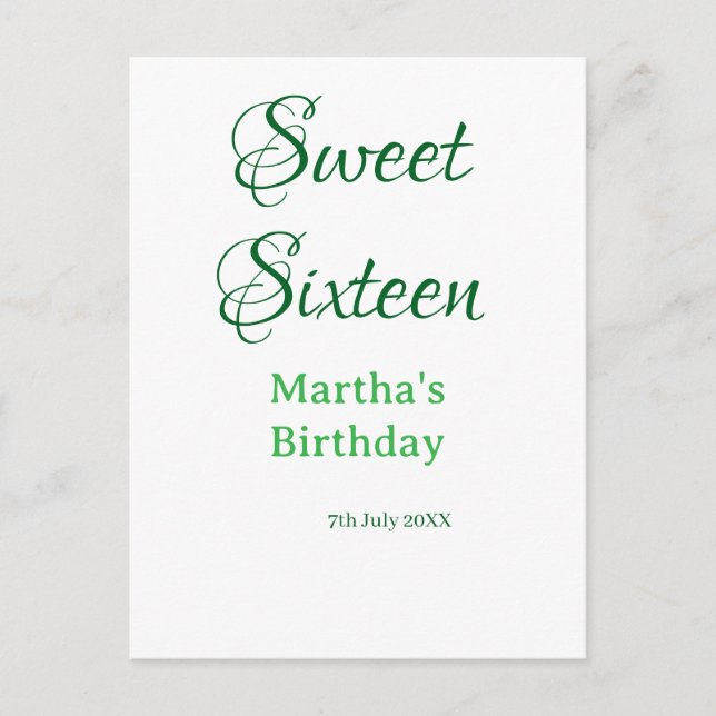Sweet Sixteen green name date calligraphy boho ret Postkarte (Vorderseite)