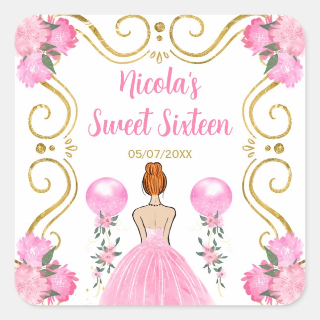 Sweet Sixteen Red Hair Princess in Pink Quadratischer Aufkleber (Vorderseite)