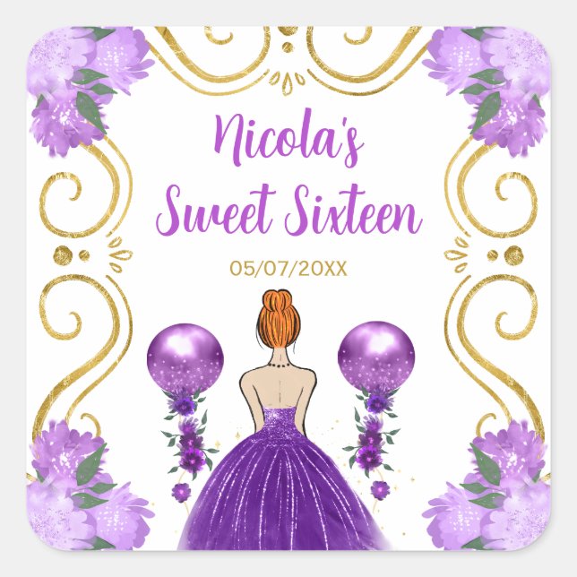 Sweet Sixteen Red Hair Princess in Purple Quadratischer Aufkleber (Vorderseite)