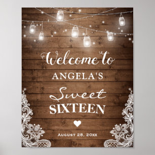 Sweet Sixteen Sign Rustic Wood String Lights Lace Poster