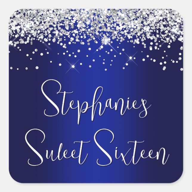 Sweet Sixteen Silver Glitter Royal Blue Navy Ombre Quadratischer Aufkleber (Vorderseite)