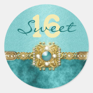 "Sweet Sixteen" Türkis Gold 16 Geburtstag Runder Aufkleber