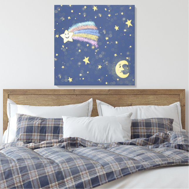 Sweet Sleep Moon & Stars Illustration Denim Blue Leinwanddruck (Insitu (Schlafzimmer))
