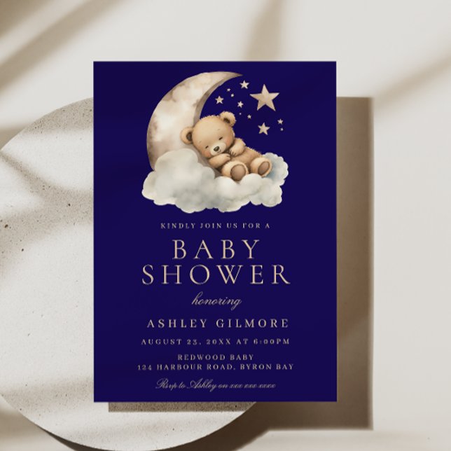 Sweet Sleeping Bear Midnight Blue Baby Dusche Einladung (Von Creator hochgeladen)