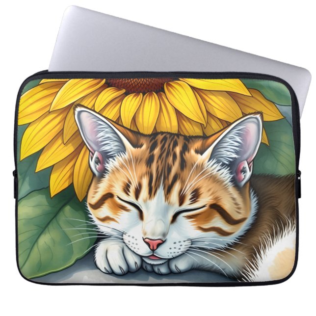 Sweet Sleepy Kitty Cat and Sunflowers Laptopschutzhülle (Vorderseite)