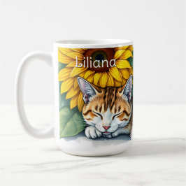 Sweet Sleepy Kitty Cat and Sunflowers Personalized Kaffeetasse