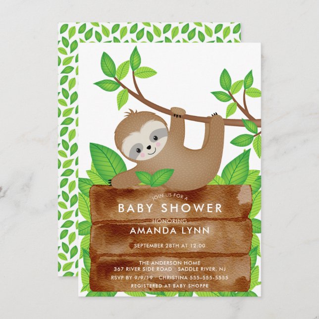 Sweet Sloth Baby Dusche Einladung (Vorne/Hinten)