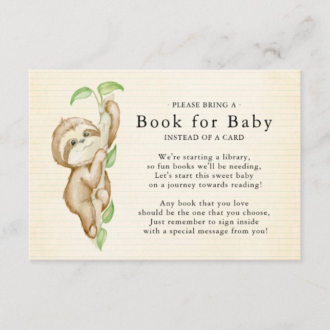 Sweet Sloth Baby Shower Book for Baby Card Begleitkarte (Vorderseite)