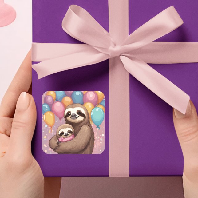 Sweet Sloth Baby Shower Girl Pink Balloons Quadratischer Aufkleber (sweet sloth baby shower favor stickers)