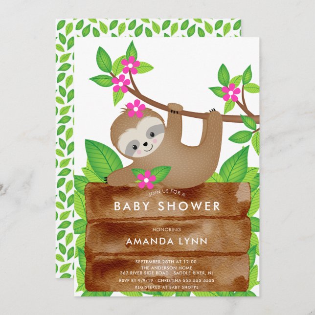 Sweet Sloth Girls Babydusche Einladung (Vorne/Hinten)