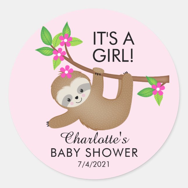 Sweet Sloth It's a Girl Baby Shower Fevor Sticker (Vorderseite)