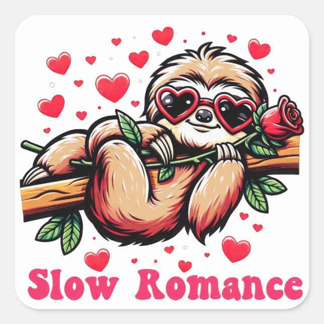 Sweet Sloth Moments: Valentinstag Langsame Romanti Quadratischer Aufkleber (Vorderseite)