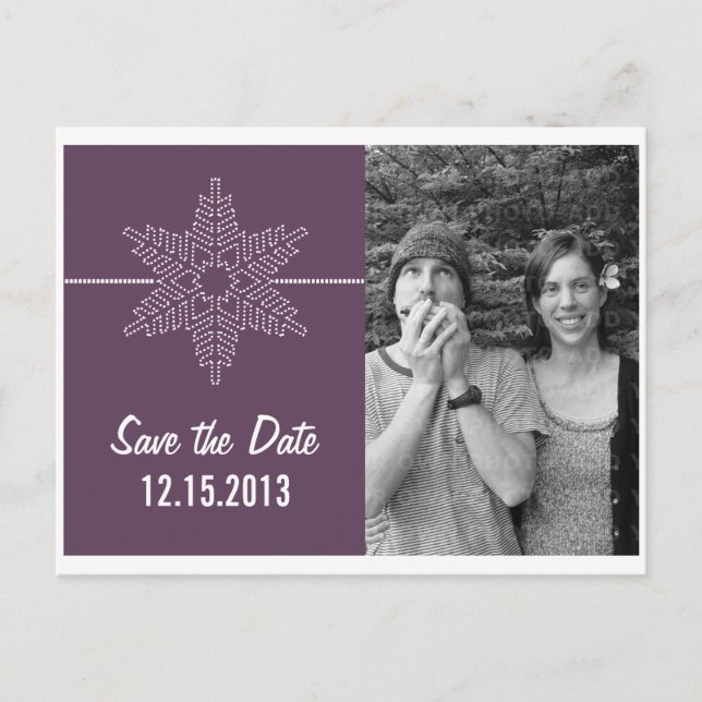 Sweet Snowflake Save the Date Postcard, Lila Ankündigungspostkarte (Vorderseite)