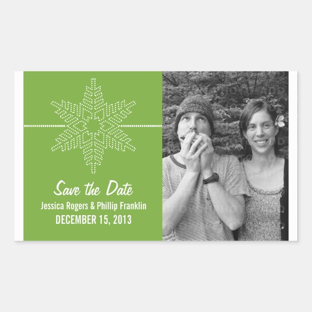 Sweet Snowflake Save the Date Stickers, Green Rechteckiger Aufkleber (Vorderseite)