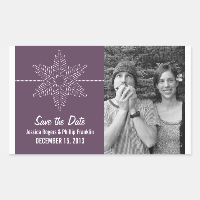 Sweet Snowflake Save the Date Stickers, Lila Rechteckiger Aufkleber (Vorderseite)