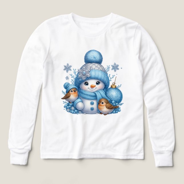 Sweet Snowman & Little Birds Holiday Shirt (Design Vorderseite)