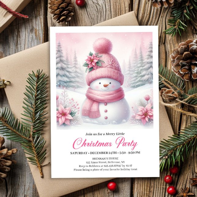 Sweet Snowy Forest Pink Snowman Editable Christmas Einladung (Sweet Snowy Forest Pink Snowman Editable Christmas Invite)