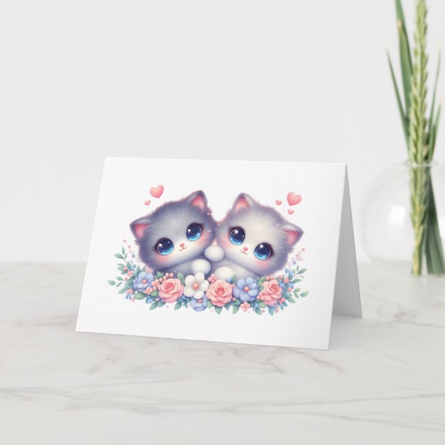 Sweet Snuggly Kitten Duo Floral Blank Greeting  Karte (Vorderseite)
