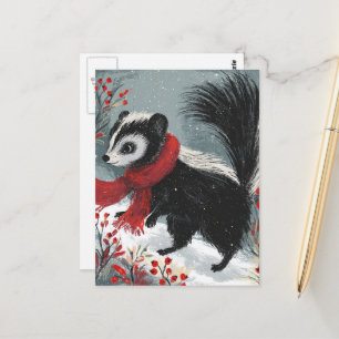 Sweet Snunk in Winter Red Berries and Snow Postkarte