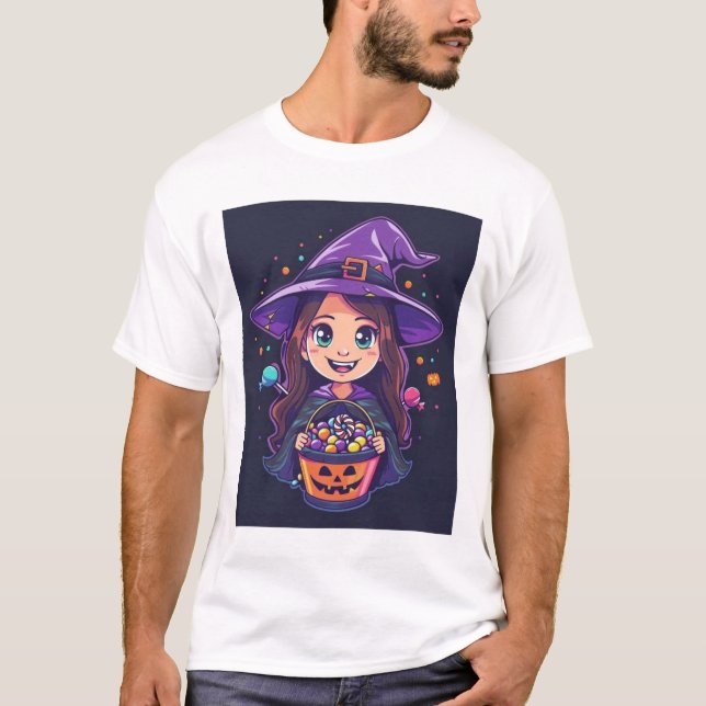 Sweet Spell – Little Halloween Witch with Candy Ba T-Shirt (Vorderseite)