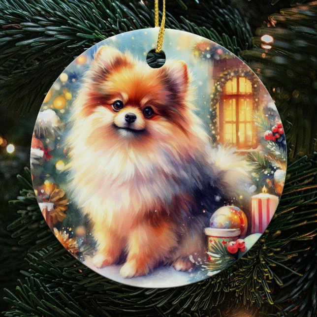 Sweet Spitz Dog Wasserfarbe Weihnachten Keramik Ornament (Von Creator hochgeladen)