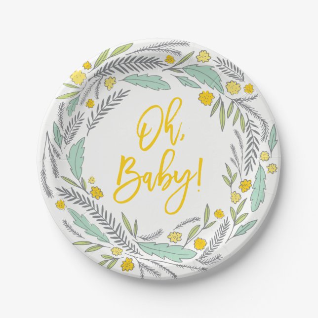 Sweet Sprigs Gender Neutral Baby Shower Plate Pappteller (Vorderseite)