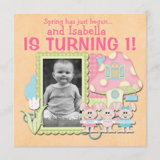 Sweet Spring Bunnies zum ersten Geburtstag Einladung
