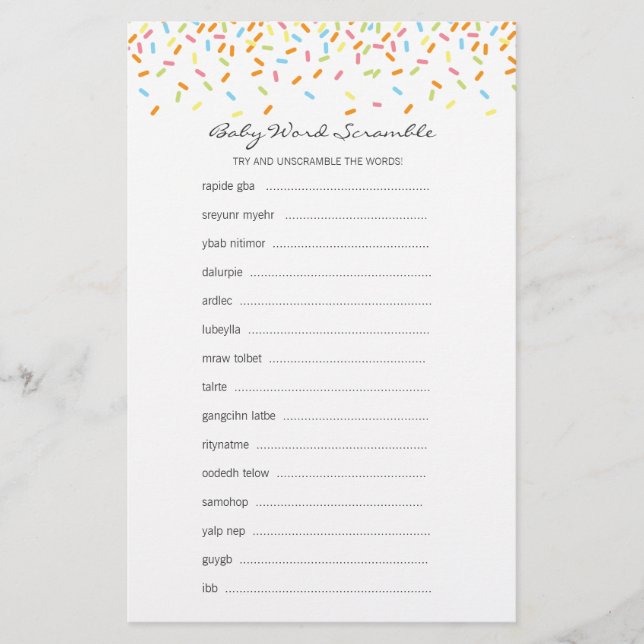 Sweet Sprinkles Baby Word Scramble Game (Vorderseite)