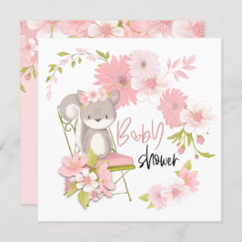 Sweet Squirrel Florals White Pink Girl Baby Dusche Einladung