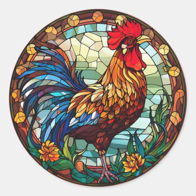 Sweet Stached Glass Chickens Rooster Runder Aufkleber (Vorderseite)