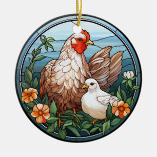 Sweet Stached Glass Hen and Chick Keramik Ornament