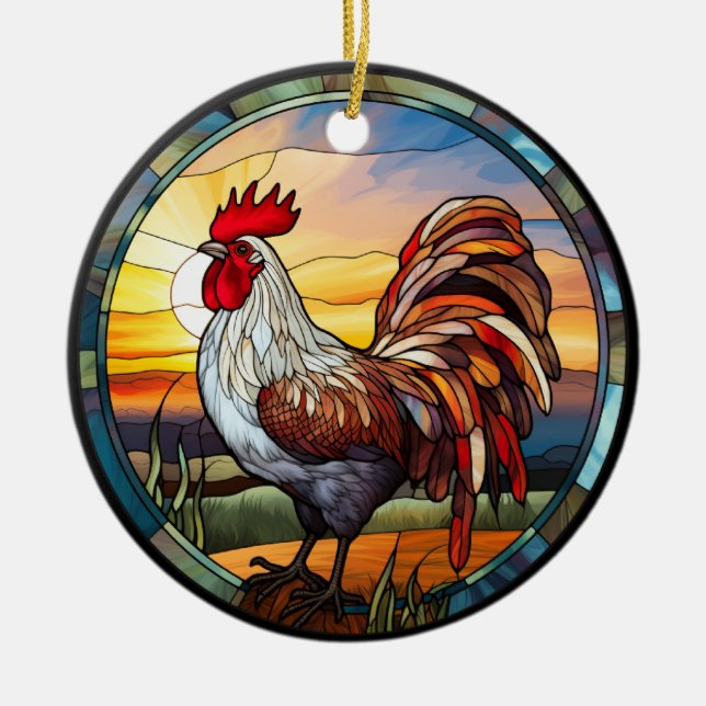 Sweet Stated Glass Chickens Rooster und Sunrise Keramik Ornament (Vorne)