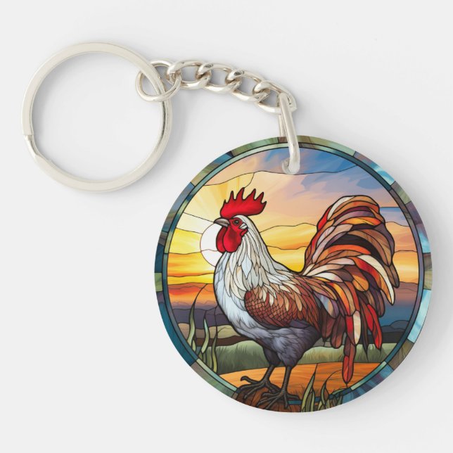 Sweet Stated Glass Chickens Rooster und Sunrise Schlüsselanhänger (Vorderseite)