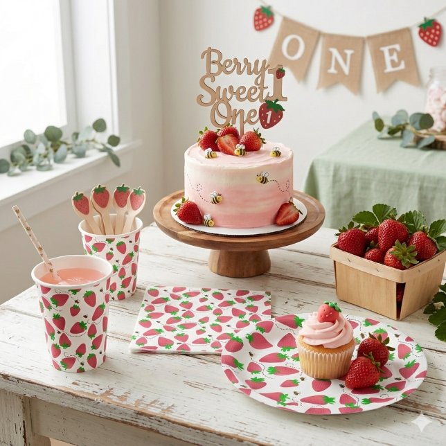 Sweet Strawberries Buzzing Bienen Geburtstagsparty Serviette (Von Creator hochgeladen)