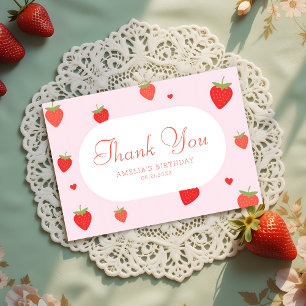 Sweet Strawberries Pink Girly Birthday Dankeskarte