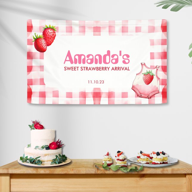 Sweet Strawberry Ankunft Gingham Baby Dusche Rosa Banner (Sweet Strawberry Arrival Baby Shower Pink Red Gingham Cottage Picnic watercolor new mother-to-be mom)