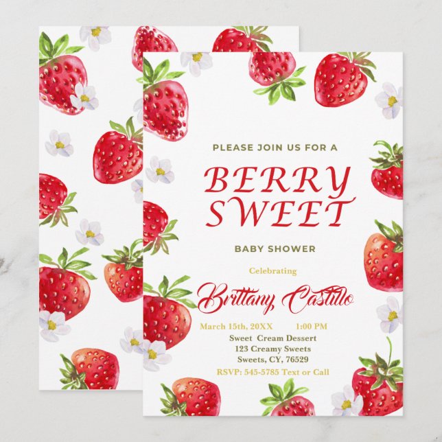 Sweet Strawberry Baby Dusche Einladung (Vorne/Hinten)