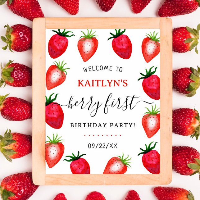 Sweet Strawberry Berry First 1st Birthday Welcome Poster (Von Creator hochgeladen)