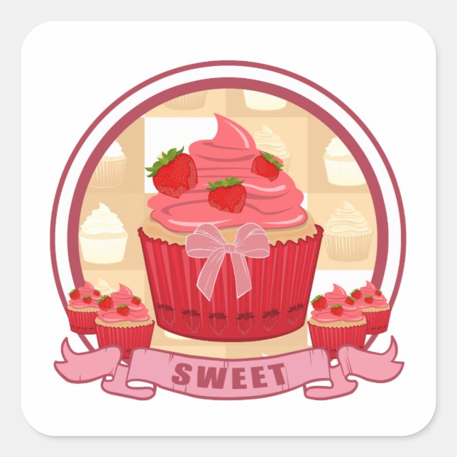Sweet Strawberry Cupcake Quadratischer Aufkleber (Vorderseite)
