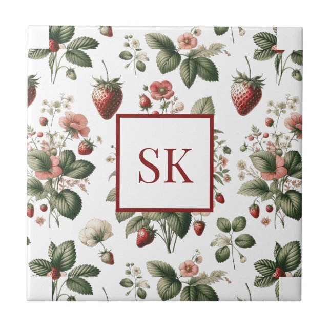 Sweet Strawberry & Floral Muster Custom Monogram Fliese (Vorderseite)