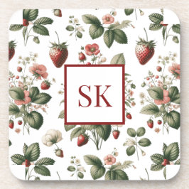 Sweet Strawberry & Floral Muster Custom Monogram Getränkeuntersetzer