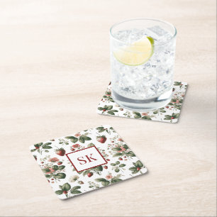 Sweet Strawberry & Floral Muster Custom Monogram Rechteckiger Pappuntersetzer