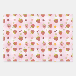 Sweet Strawberry Herz Karierter Hintergrund Geschenkpapier Set