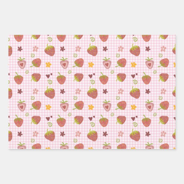 Sweet Strawberry Herz Karierter Hintergrund Geschenkpapier Set (Vorderseite)