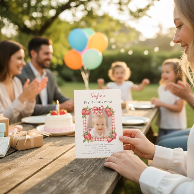 Sweet Strawberry Photo Card First Birthday Einladung (Von Creator hochgeladen)