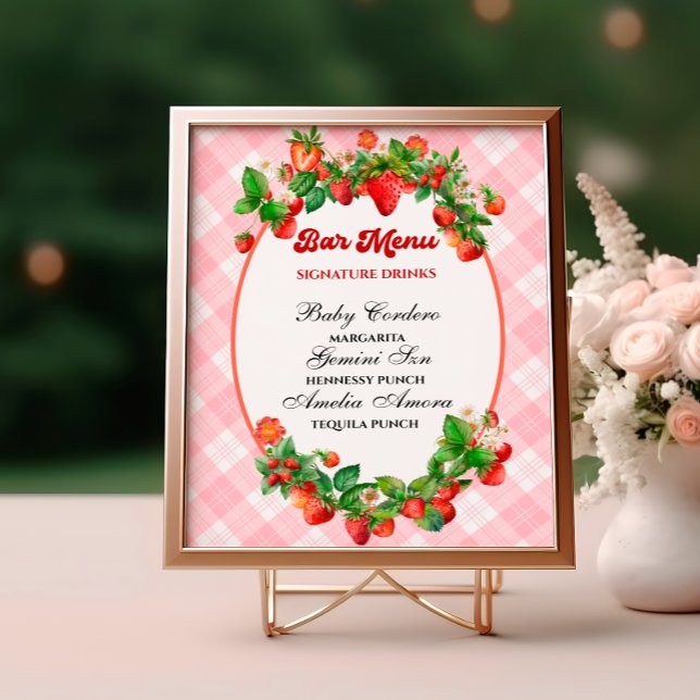 Sweet Strawberry Pink Gingham Bar Menu Dusche Poster (Von Creator hochgeladen)