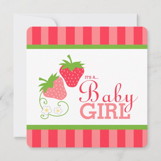 Sweet Strawberry Pink und Green Baby Dusche Einladung (Vorderseite)